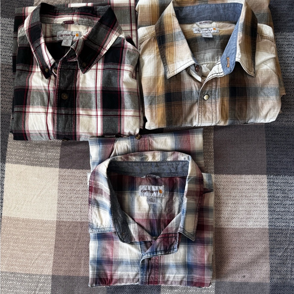 Lot of 3 Carhartt Men's Casual Plaid Button-Down Shirts - Short Sleeve